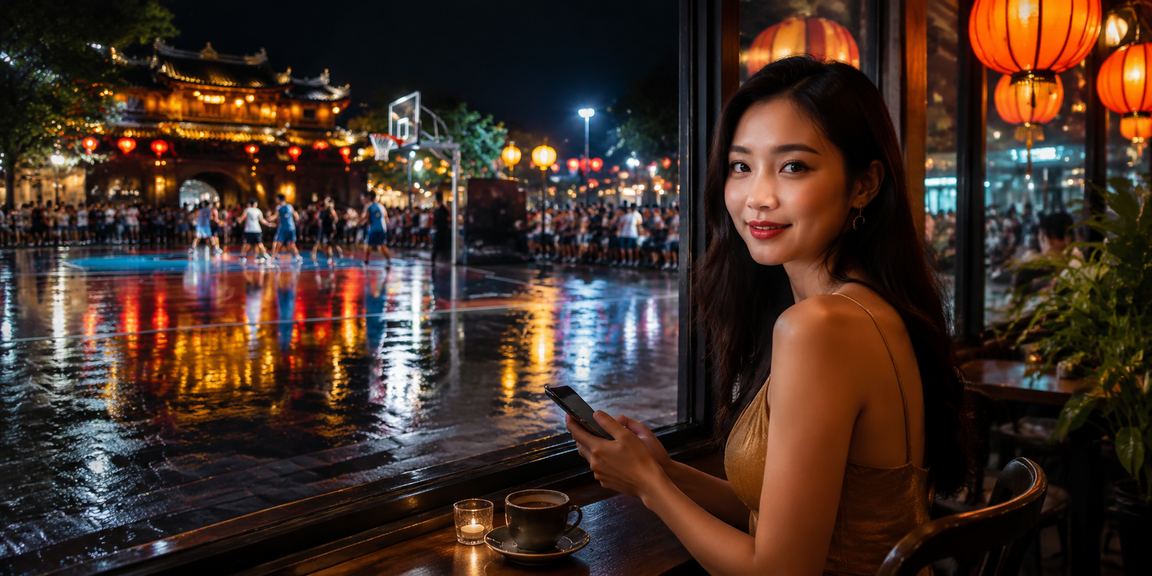 Người xem kèo bóng rổ tại quán cà phê Huế, màn hình điện thoại hiển thị kết quả